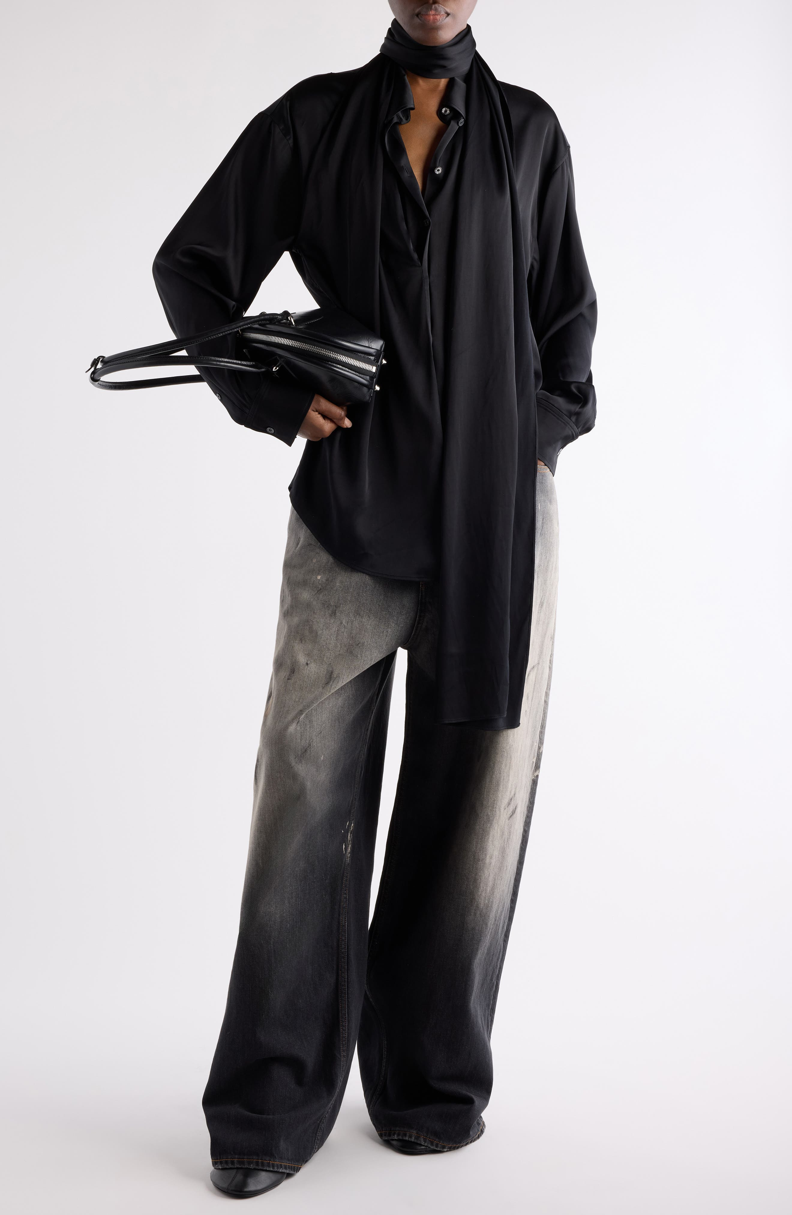 Acne Studios Sinton Layered Soft Satin Top in Black at Nordstrom - 2