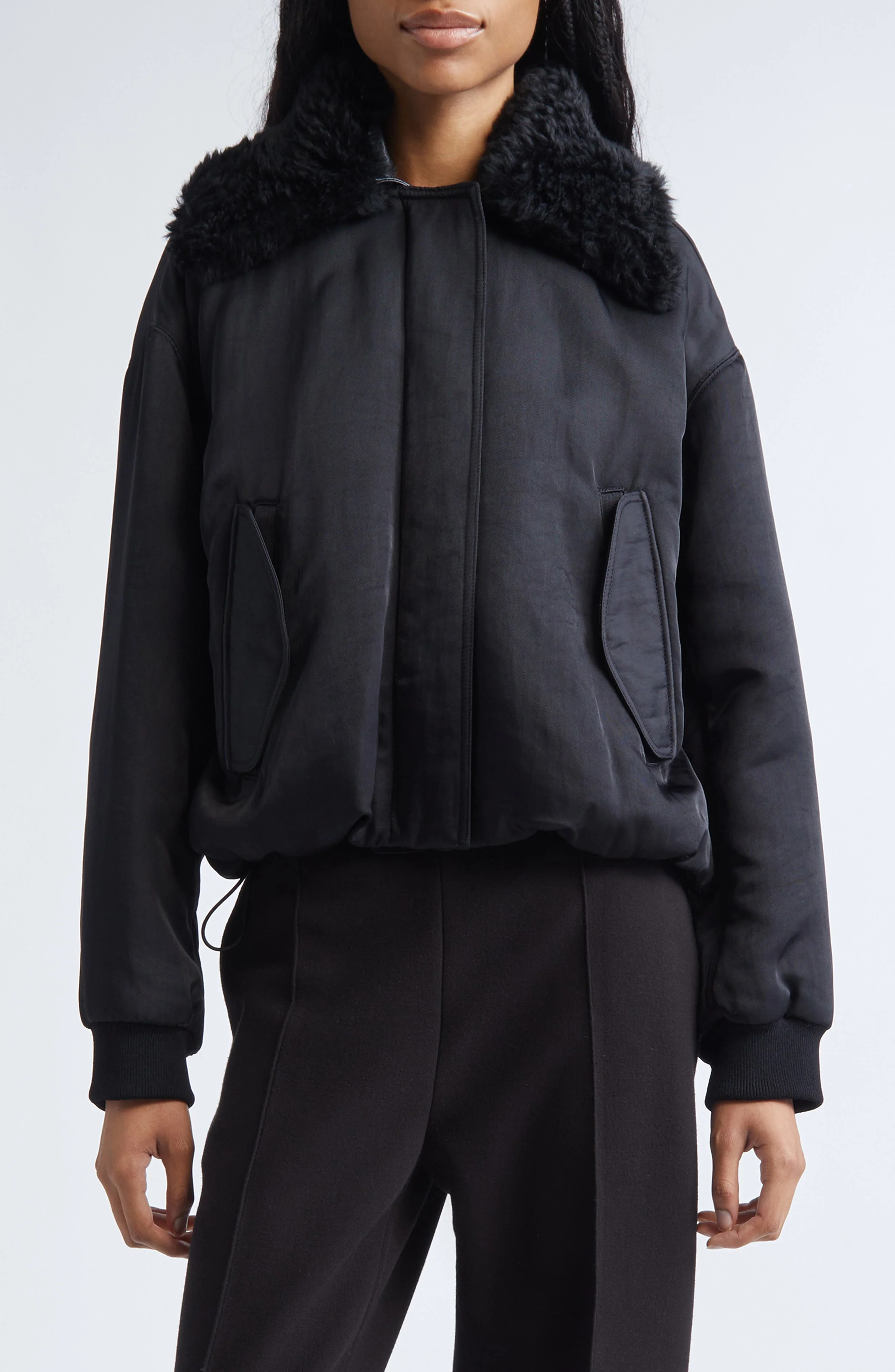 Proenza Schouler Vadra Recycled Nylon Bomber Jacket With Faux Shearling Collar in Black at Nordstrom - 1