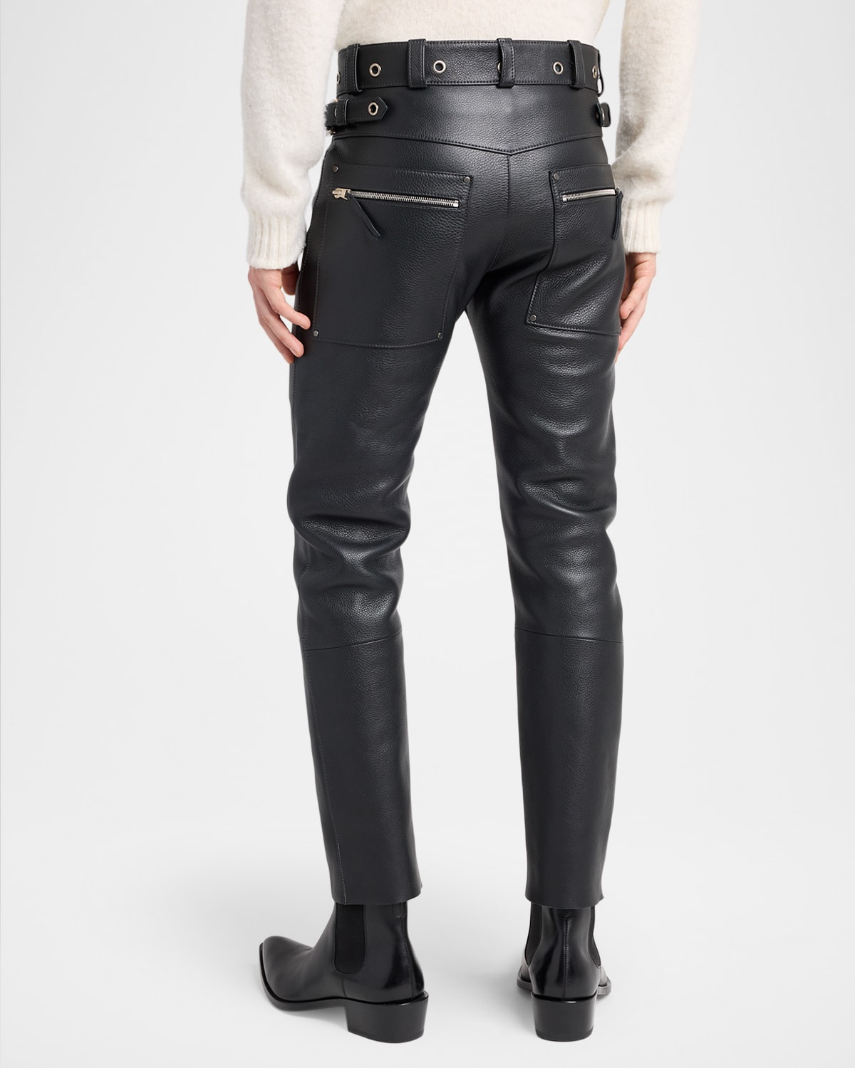 Men's Slim Fit Grained Leather Biker Pants - 3
