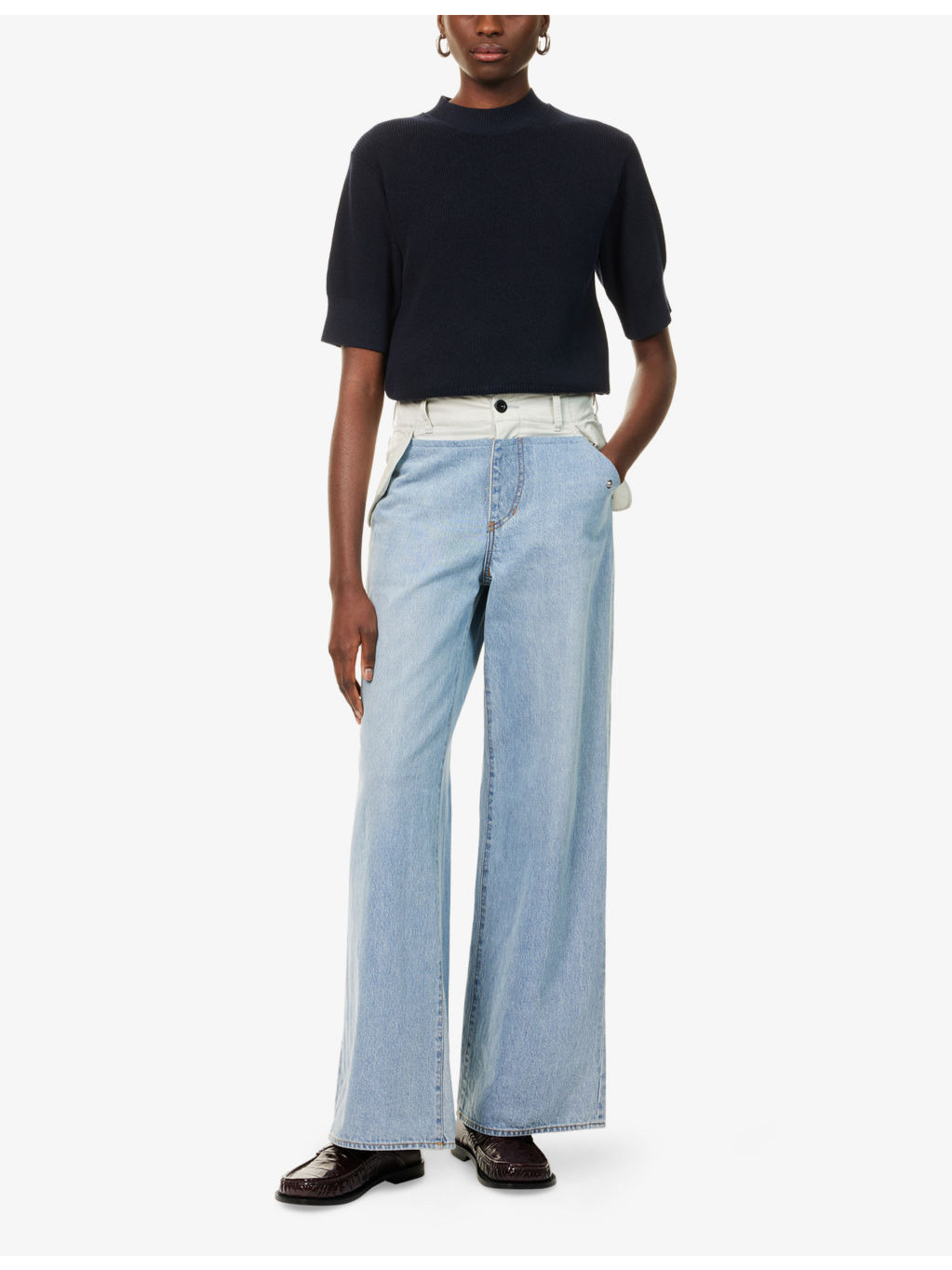Contrast-Waistband Wide-Leg Denim Jeans - 2