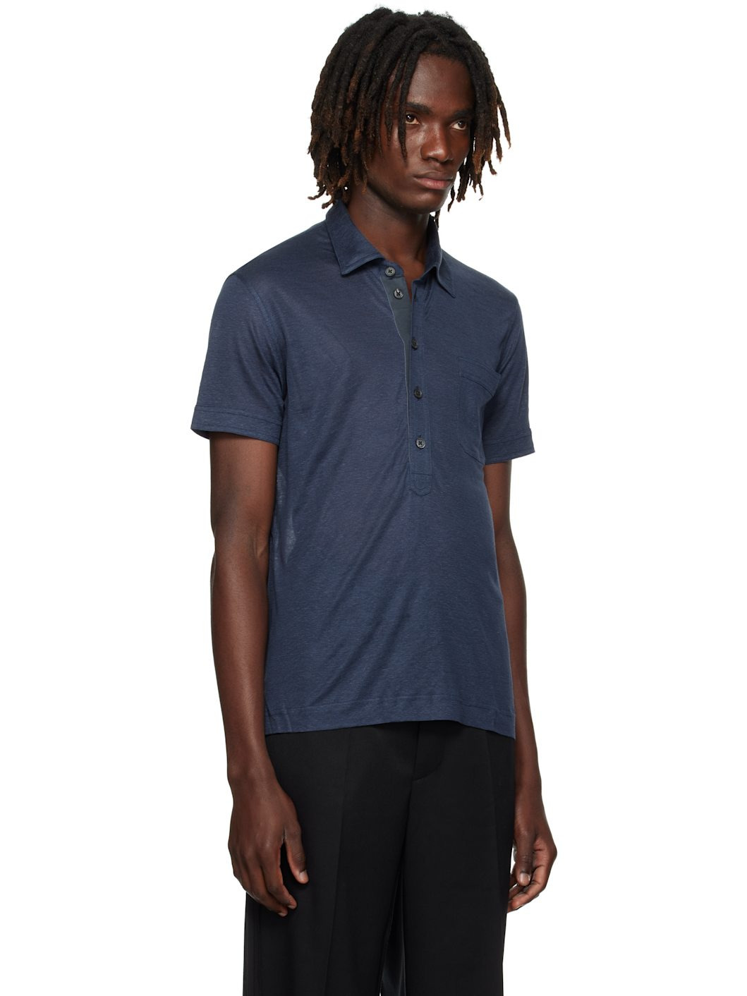 Navy Silk & Linen Polo - 2