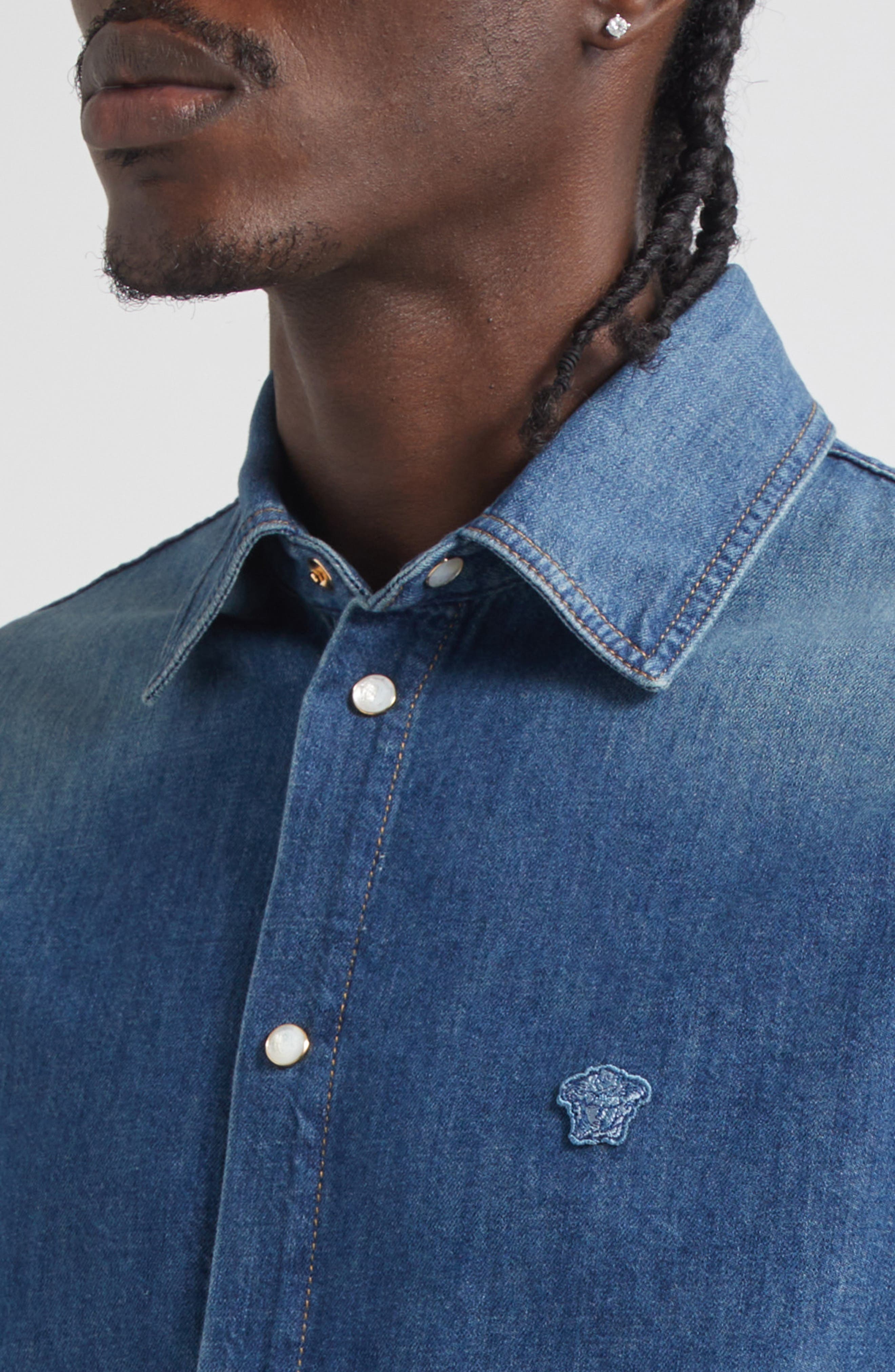 Versace Medusa Patch Denim Snap-Up Shirt in Medium Blue at Nordstrom - 4