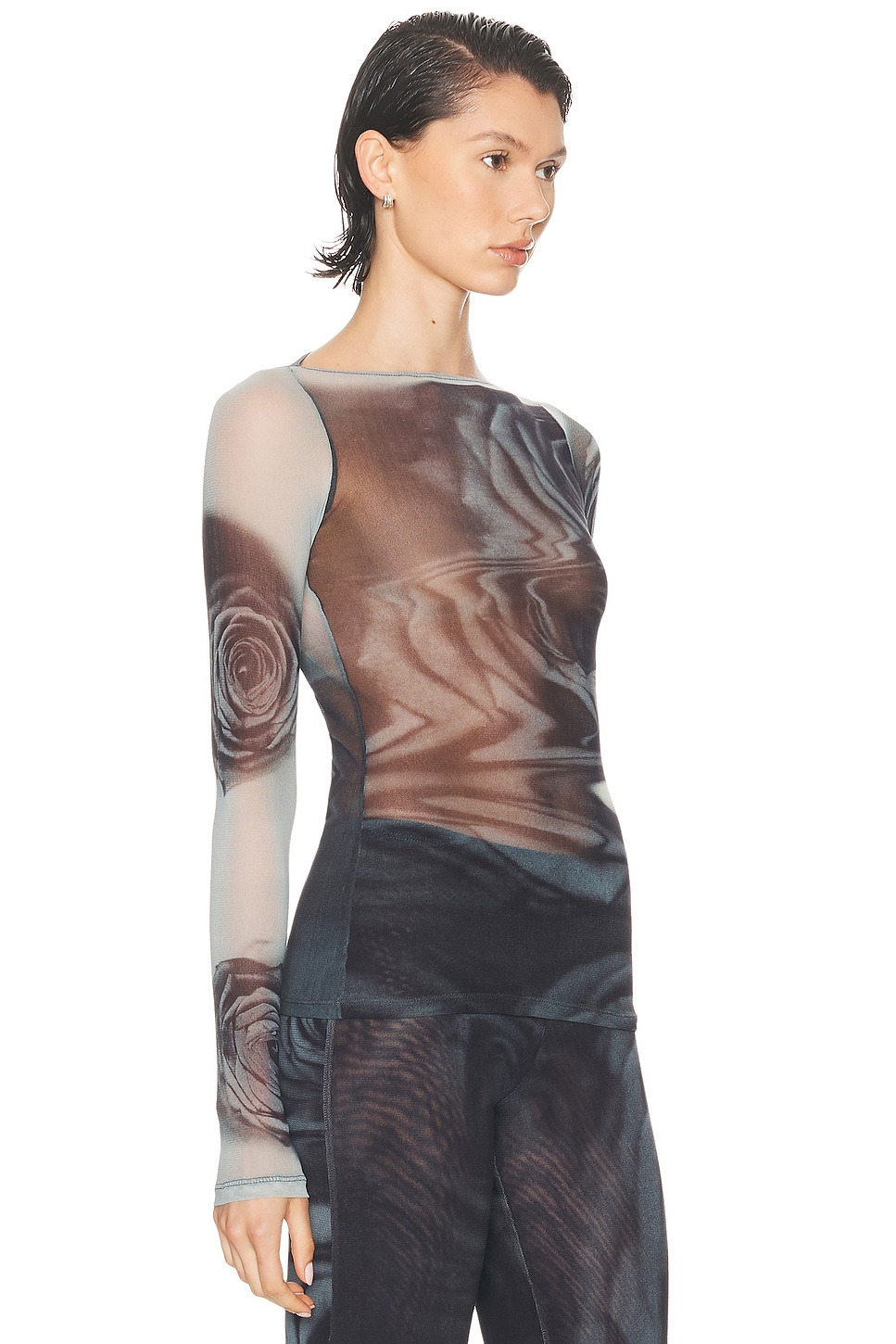 Boat Neck Blurry Roses Printed Long Sleeve Top - 2