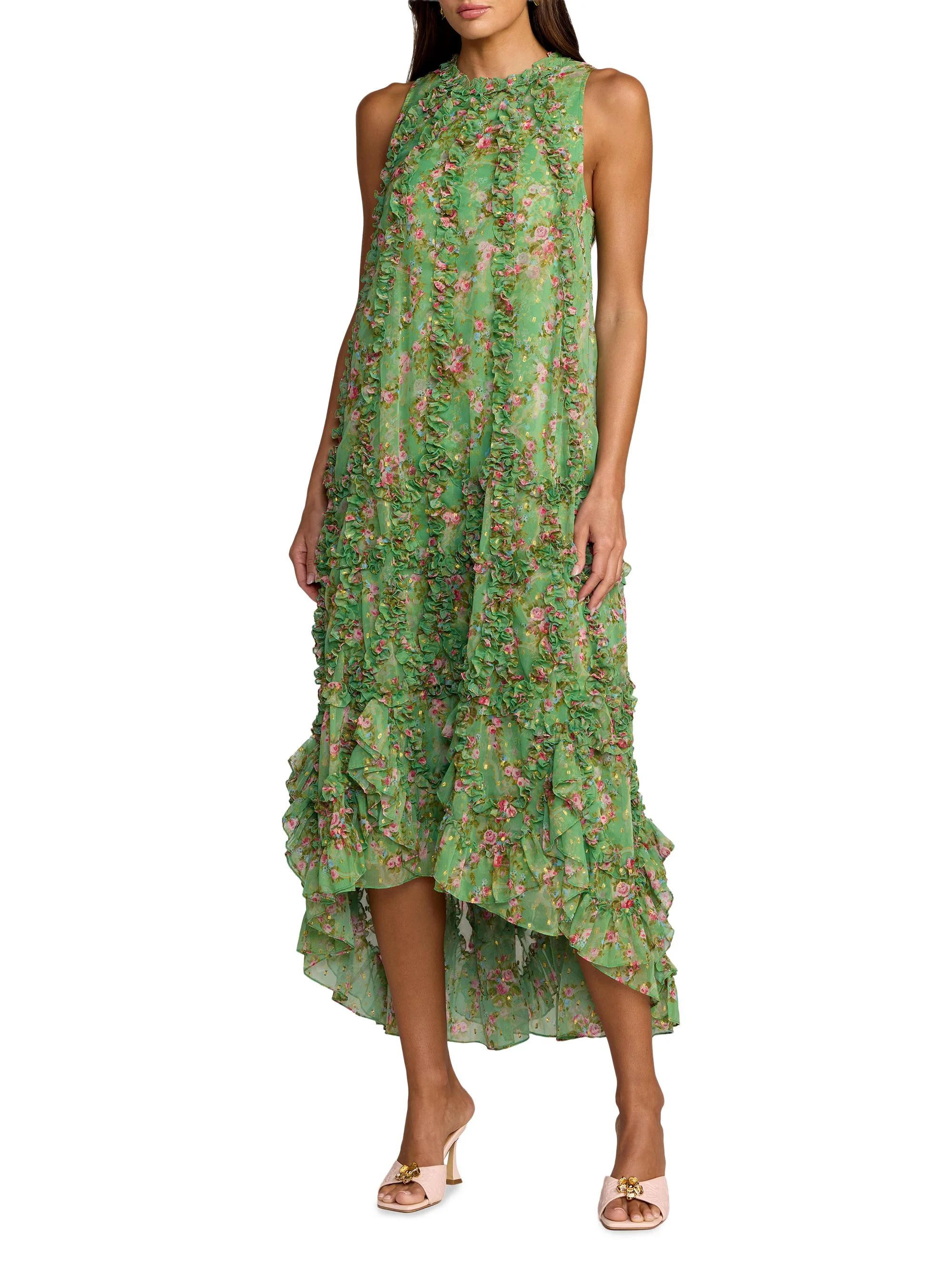 Women's Cocktail Floral Ruffled Sleeveless High-Low Gown - Sage Multi - 1