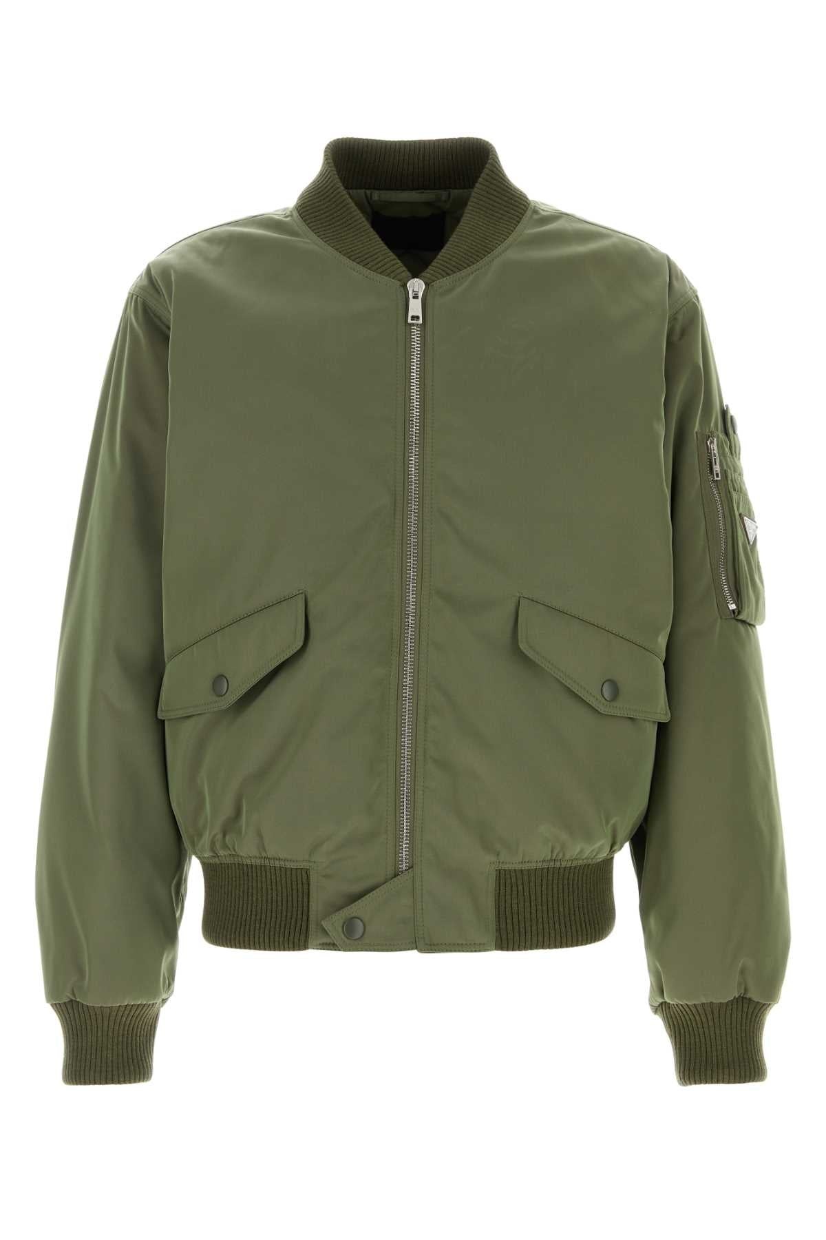 Prada Men Olive Green Nylon Bomber Jacket - 1