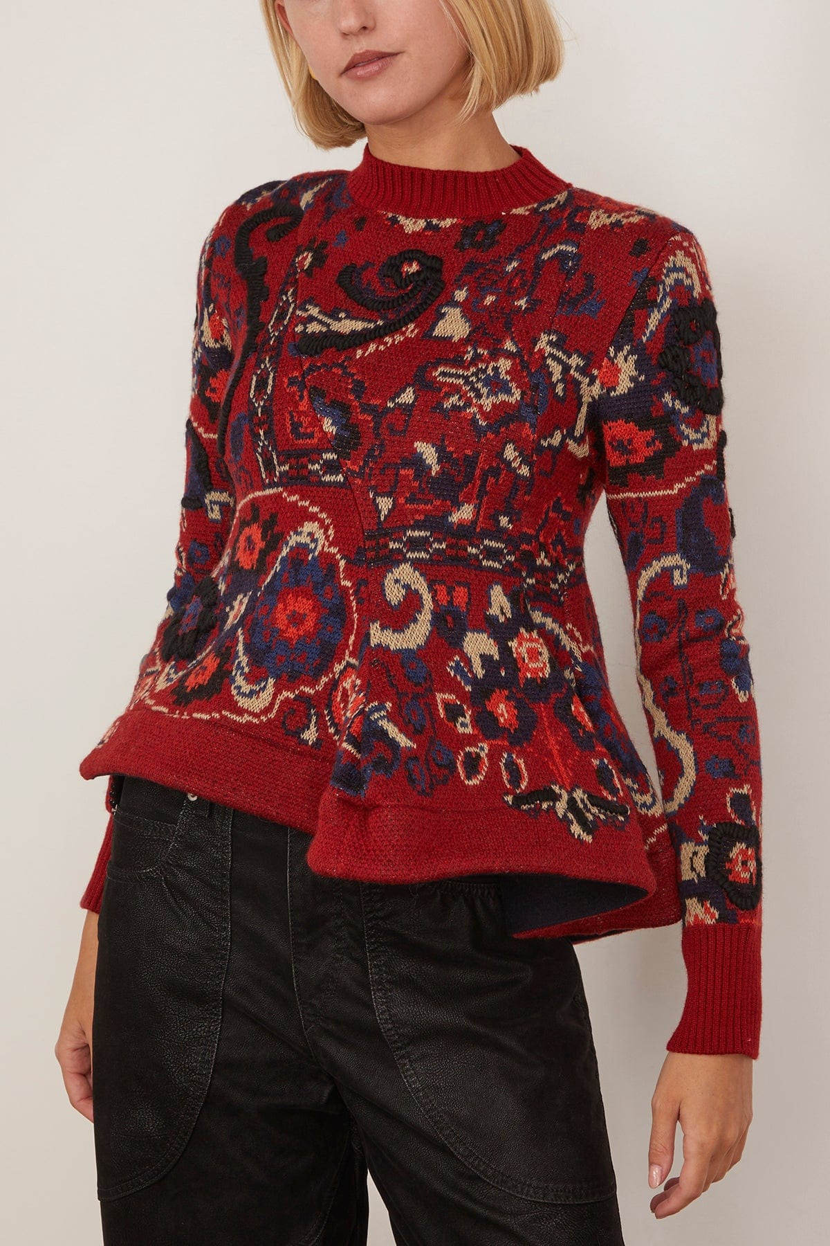 Floral Jacquard Knit Pullover in Bordeaux - 3