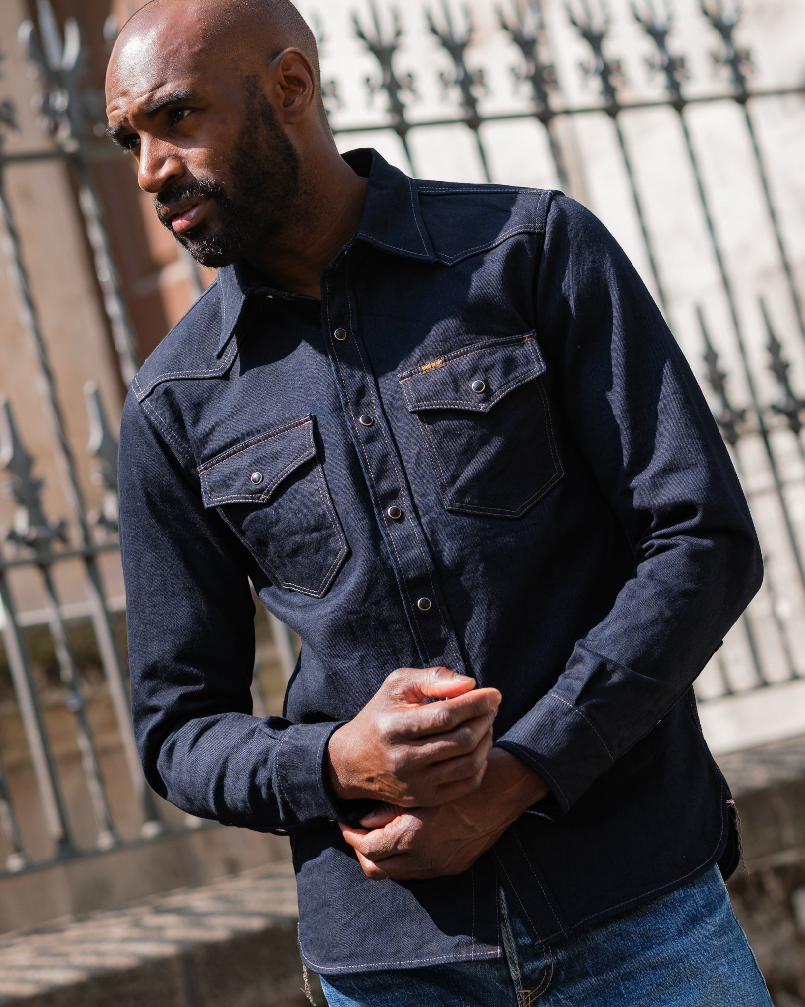 IHSH-295-IB 14oz Selvedge Denim Western Shirt - Indigo/Black - 3