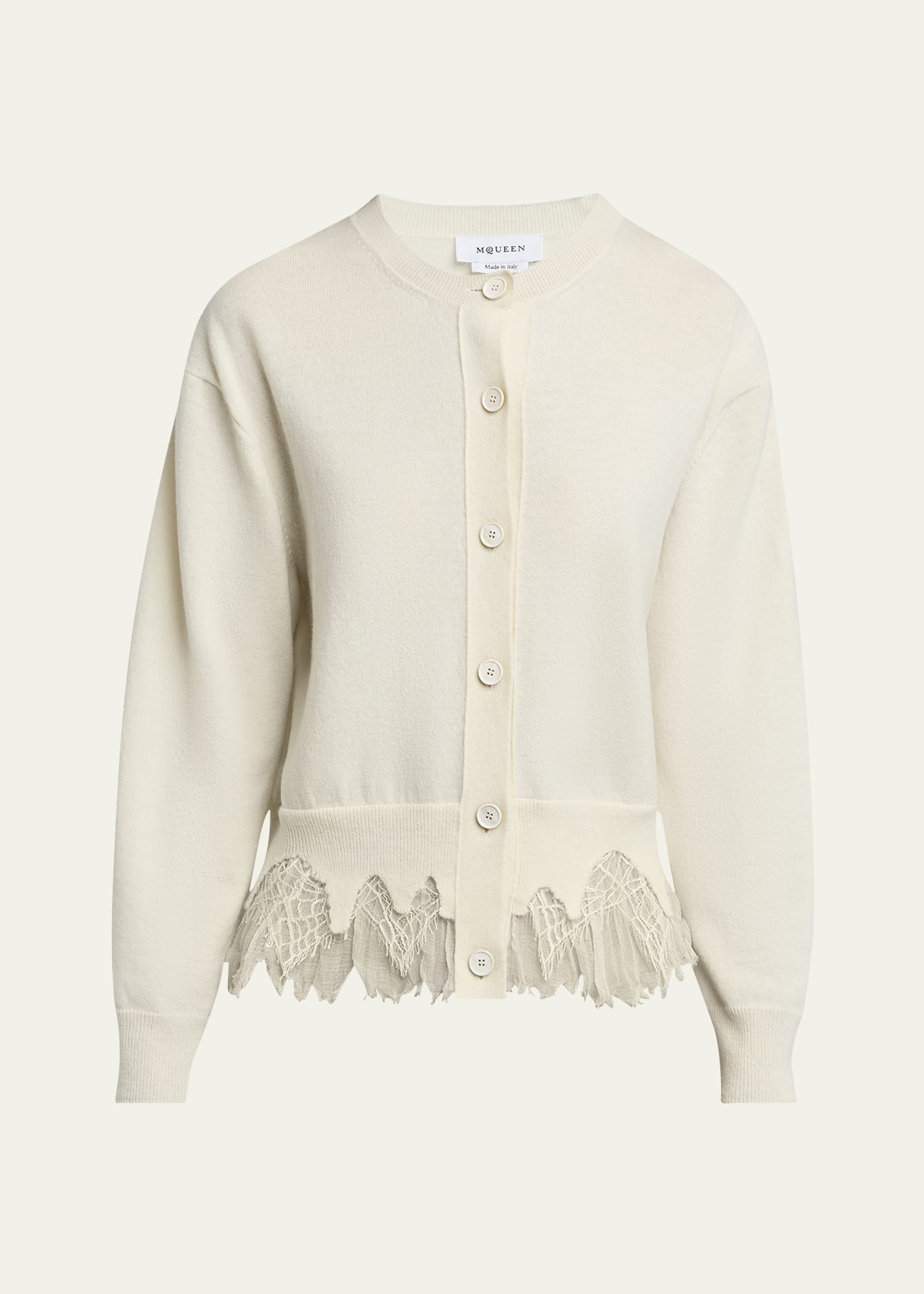 Lace-Hem Cashmere Crewneck Cardigan - 1