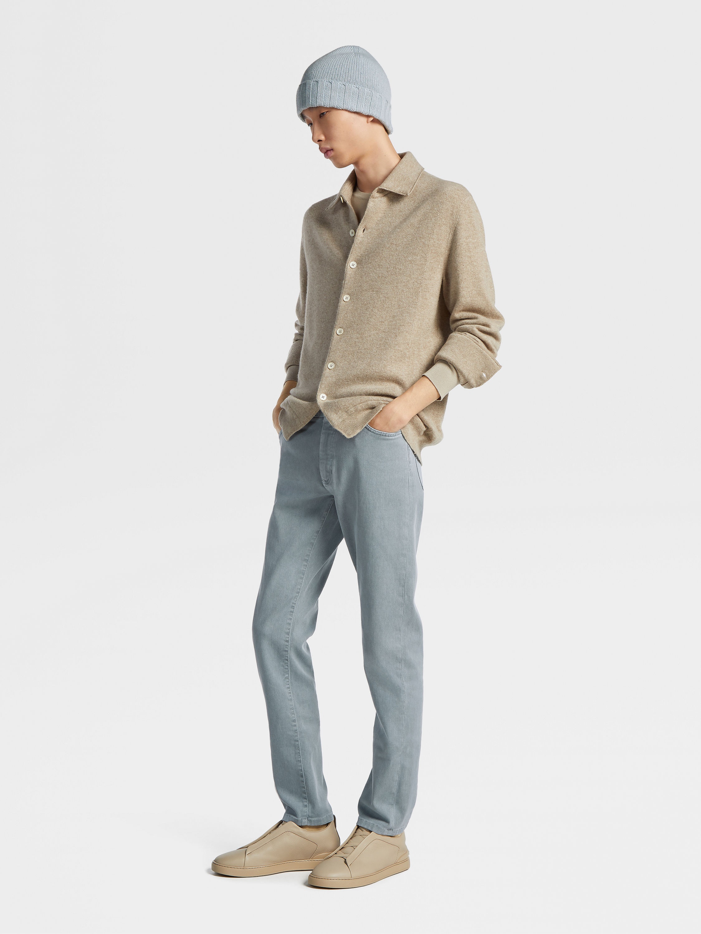 LIGHT BLUE STRETCH COTTON ROCCIA PANTS - 6