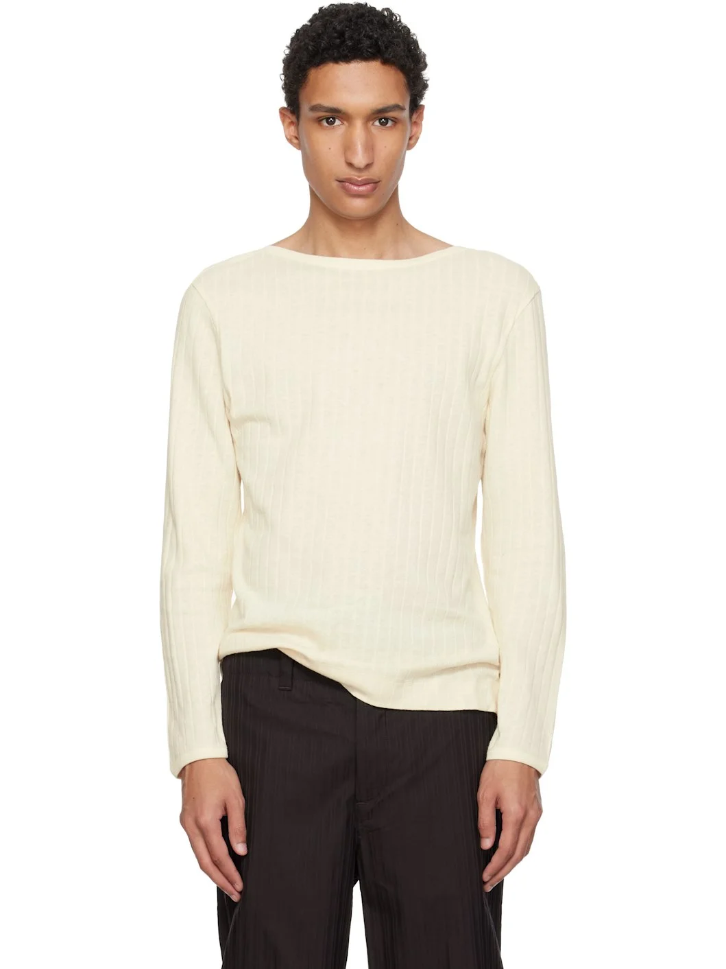 Beige Cotton-Linen Boat Neck Long-Sleeve T-shirt - 1