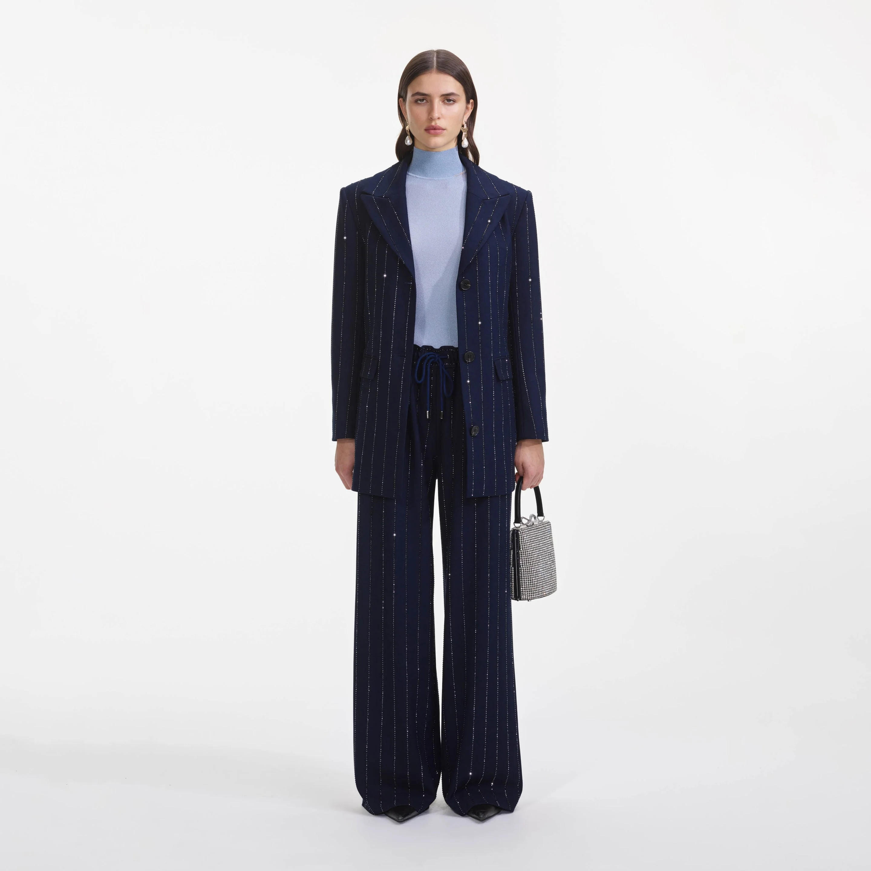Navy Rhinestone Pinstripe Trousers - 1