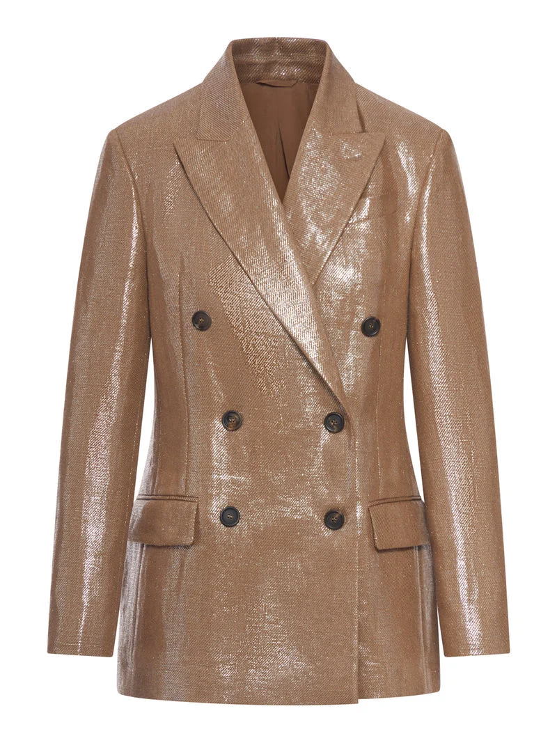 Brunello Cucinelli Women Double-Breasted Blazer In Laminated Fabric With A Shiny Effect - 1