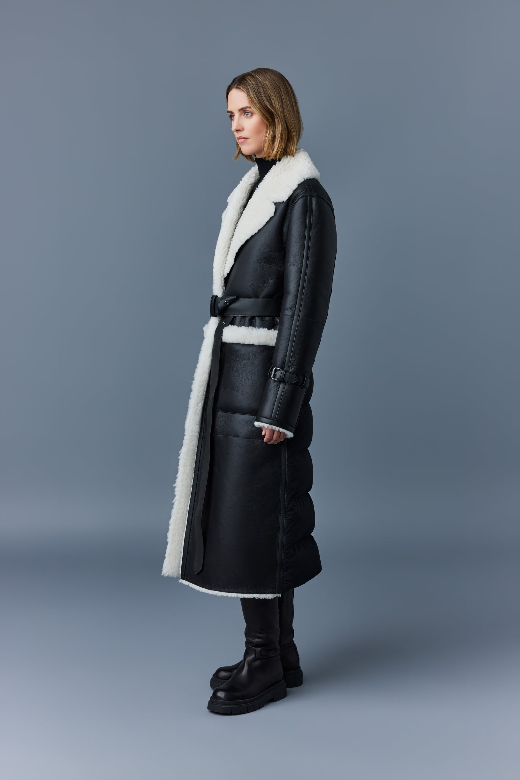 MACKAGE SABREEN Long trench coat with shearling trim