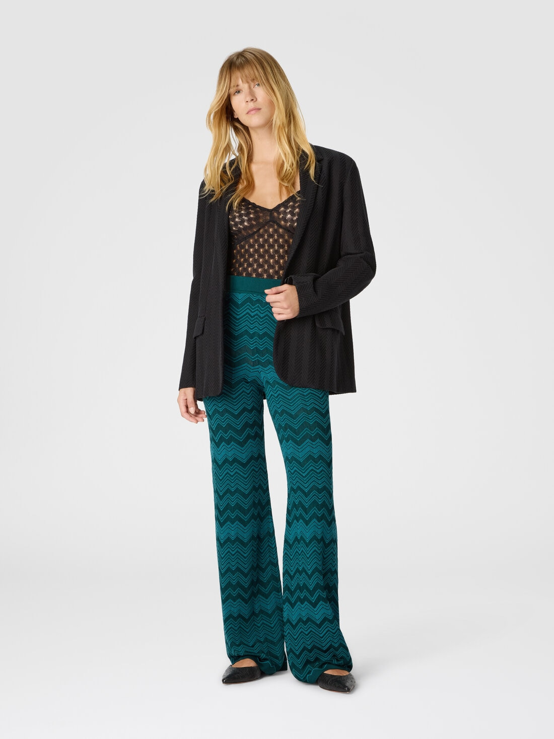 Straight Long Pants in Chevron Pattern - 2