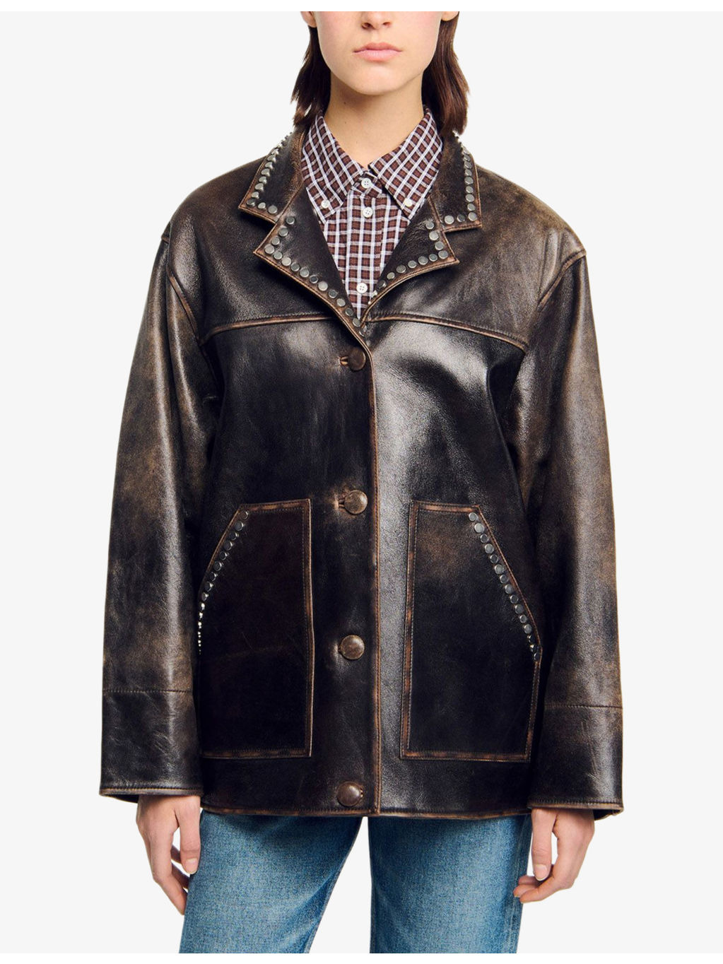 Oversized Stud-Embellished Leather Jacket - 6