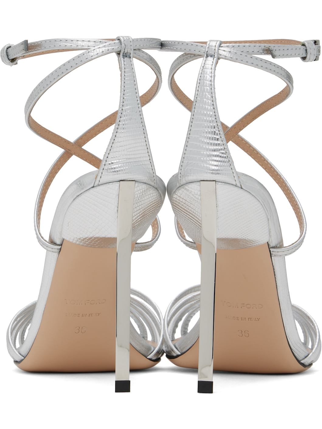 Silver Laminated Printed Lizard Ida Heeled Sandals - 2