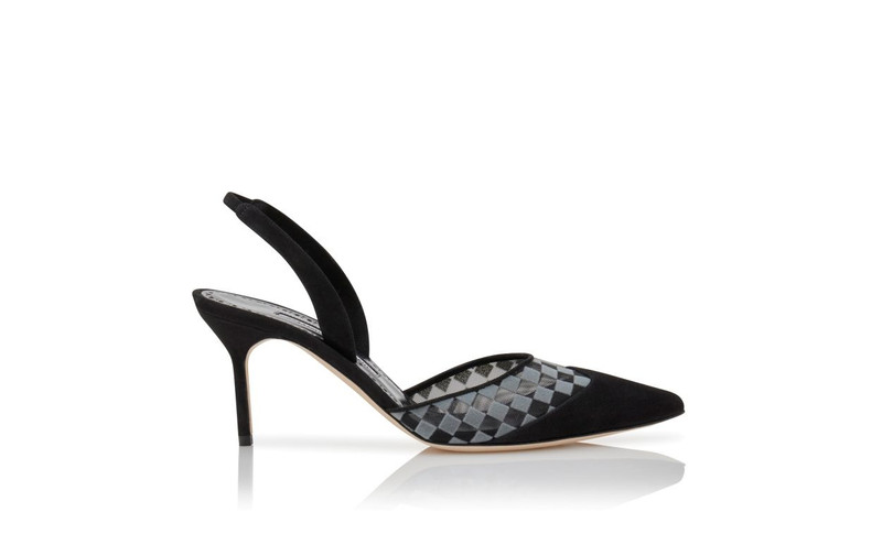 Black Mesh Checkered Slingback Mules - 1