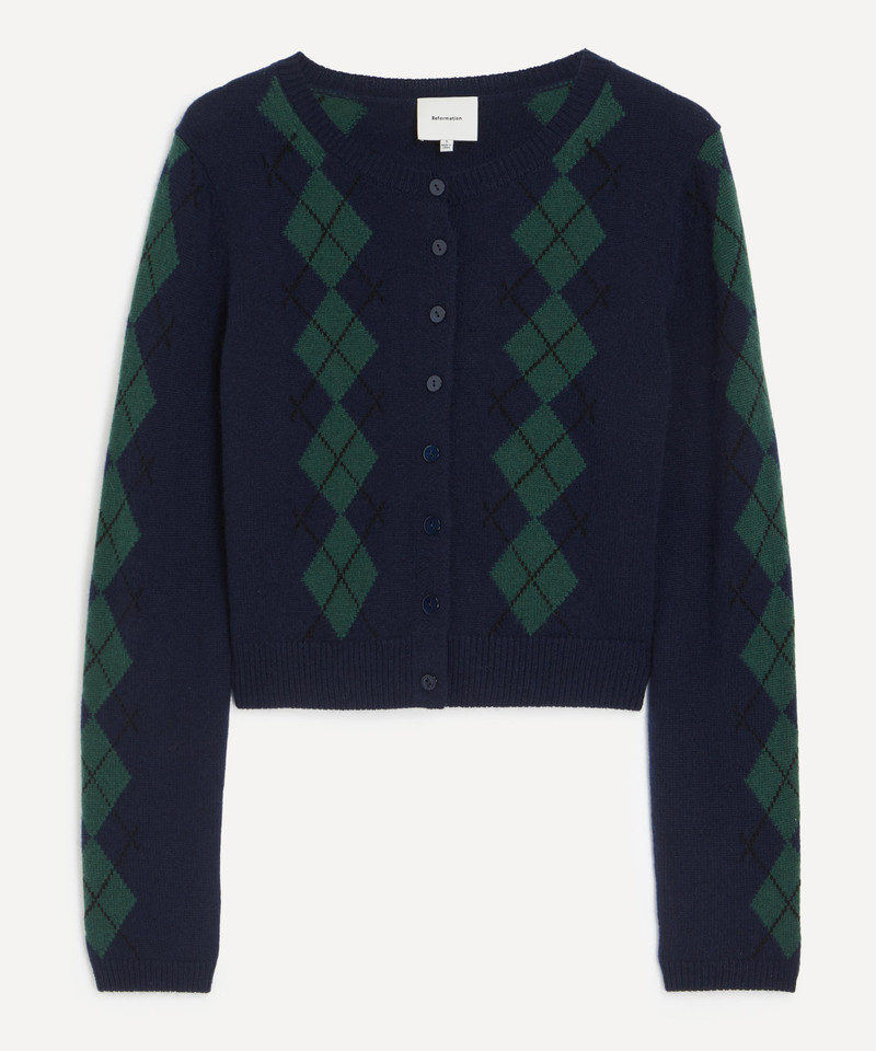 Clara Navy Argyle Cashmere Cardigan 1