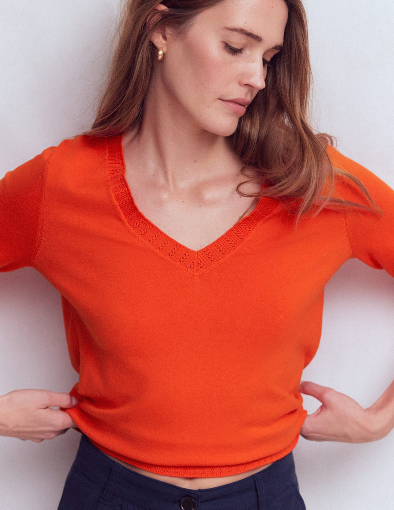Emilia Cotton V Neck Sweater-Sunset Orange 4