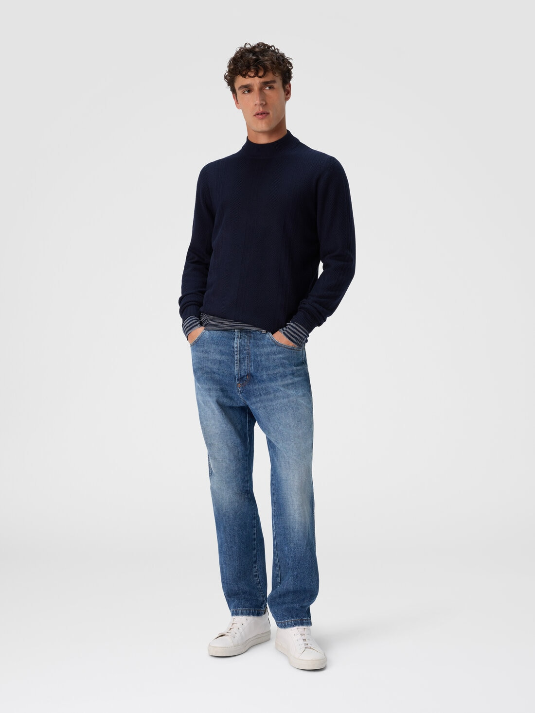 High-Neck Sweater with Tone-on-Tone Chevron Pattern - 2