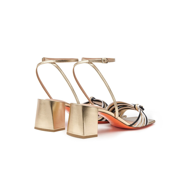 Women's gold, black and white leather mid-heel sandal 3