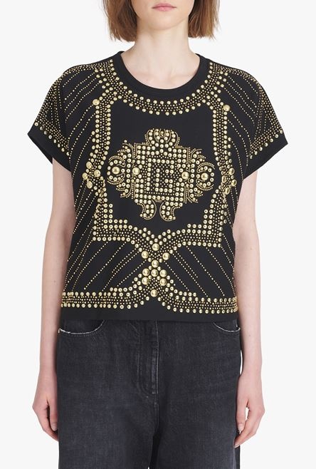 Cropped black eco-designed cotton T-shirt with embroidered gold-tone studs - 5