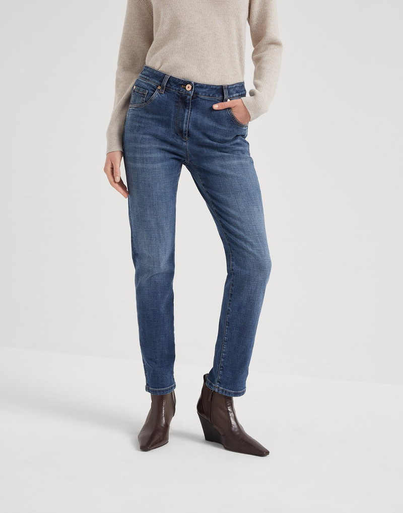 Stretch denim slim trousers with shiny leather tab - 1