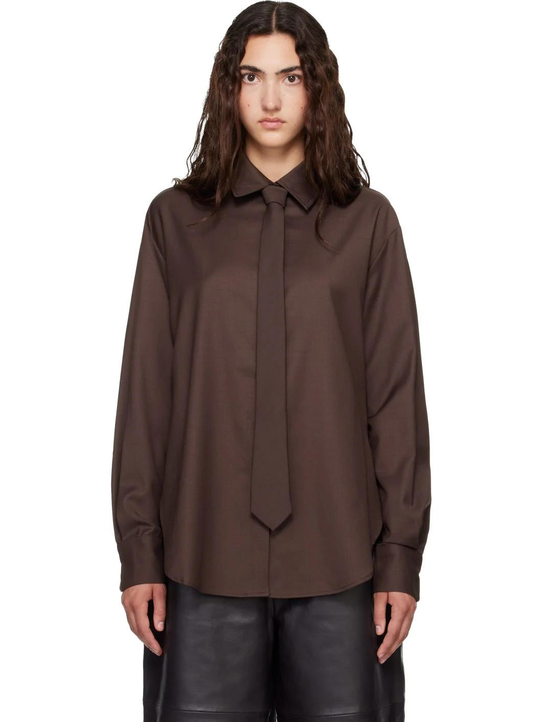 Brown Peri Tie Neck Shirt - 1