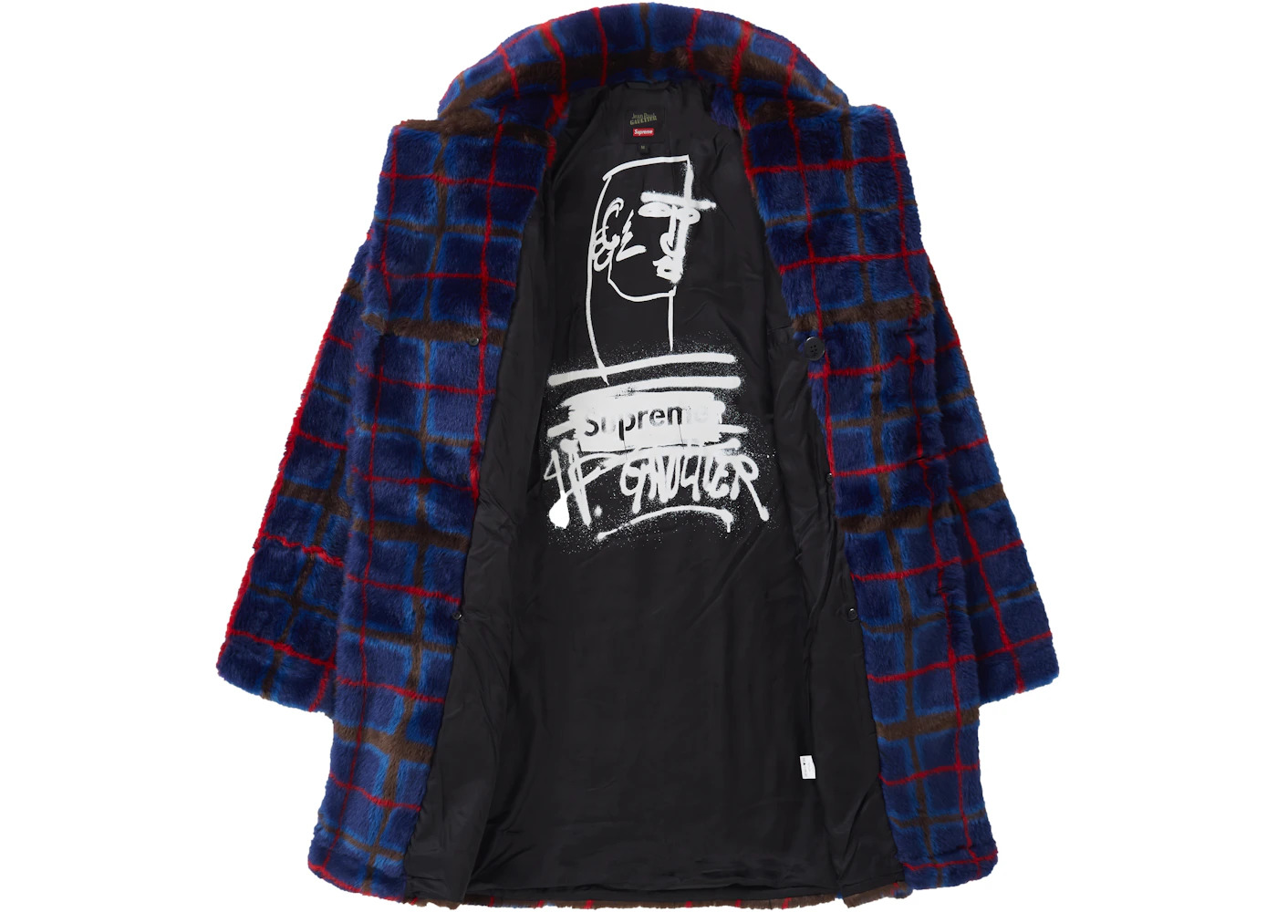 Supreme Jean Paul Gaultier Double Breasted Plaid Faux Fur Coat Blue - 2