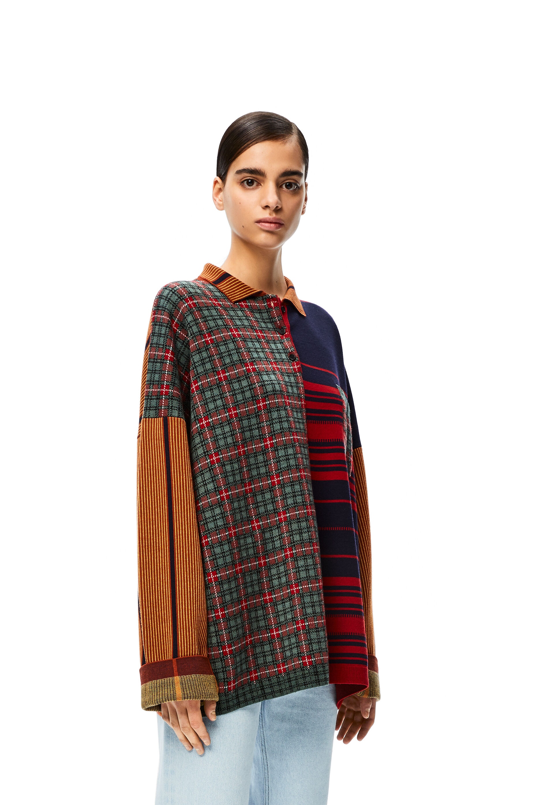 Patchwork polo sweater  in check wool jacquard - 3