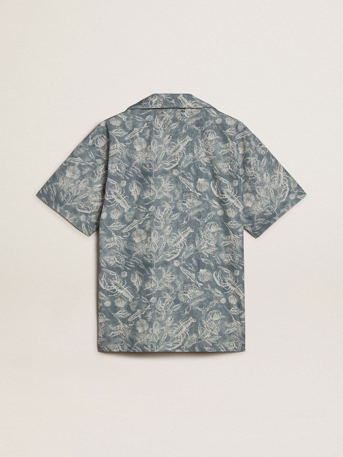 Men's short-sleeved pajama-style poplin shirt with a blue and white marine print - 6