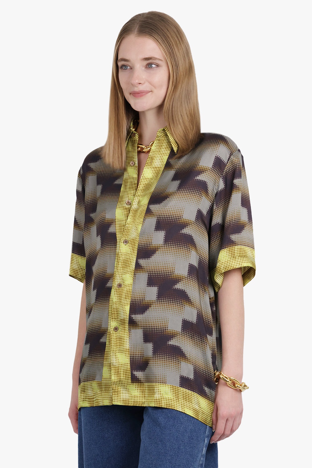 CONTRAST PIXEL GRAPHIC PRINT S/S SHIRT | BROWN/YELLOW - 7