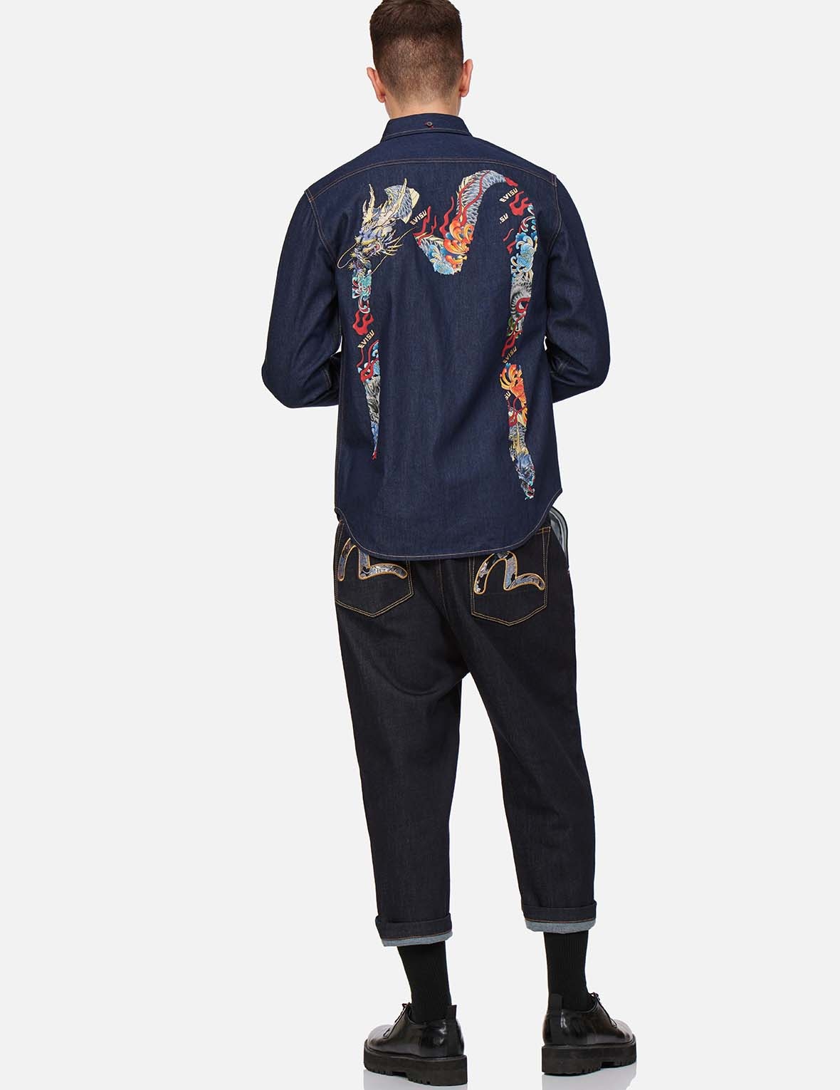 DRAGON-EMBROIDERED DAICOCK PRINT DENIM SHIRT - 5