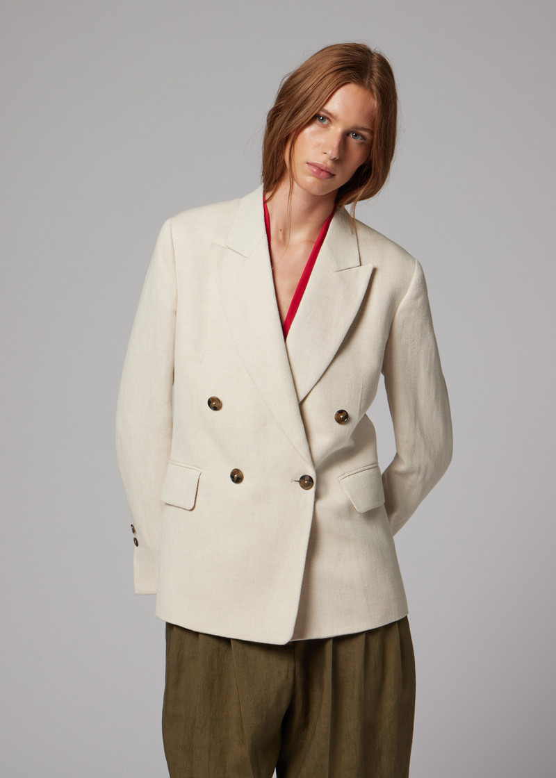 Women's Cream Cotton-Linen Double-Breasted Blazer 7