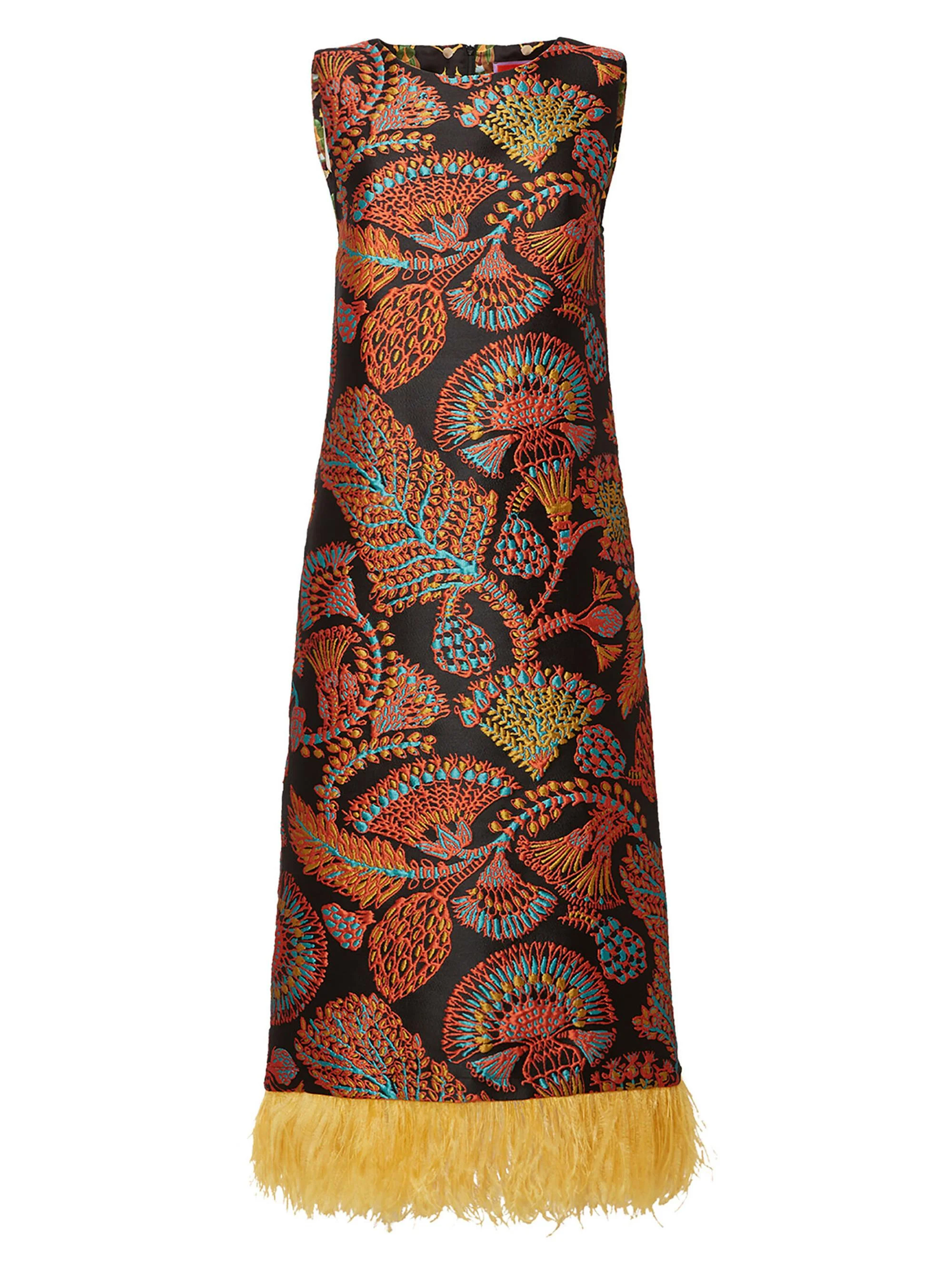 Women's Column Dress with Feathers - Jacquard Sicomore Black - 1
