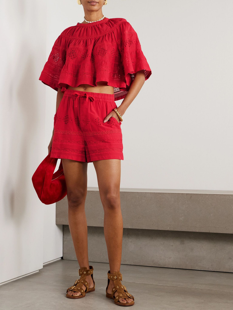 Isabel Marant Étoile Damina crochet-trimmed broderie anglaise organic cotton-voile shorts Red outlook