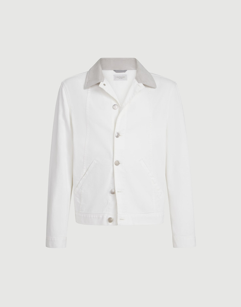 Garment-dyed outerwear jacket in comfort cotton lightweight denim with leather collar 1