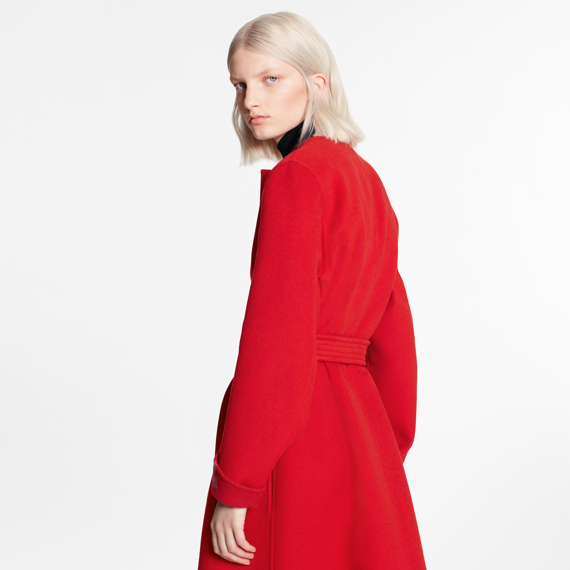 Collarless Red Wool Wrap Coat - 5