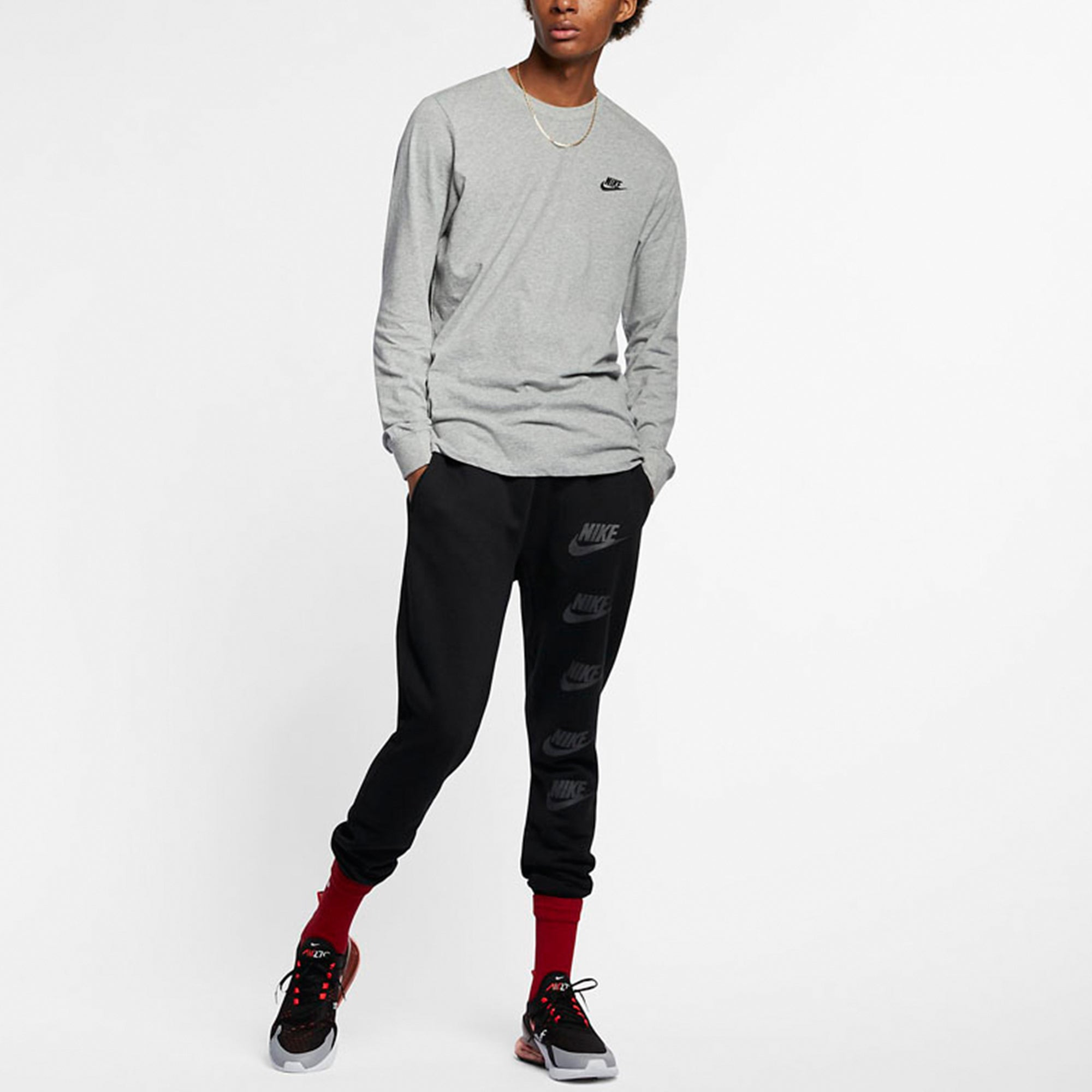 Men's Nike Embroidered Logo Loose Sports Running Long Sleeves Gray T-Shirt AR5194-063 - 3