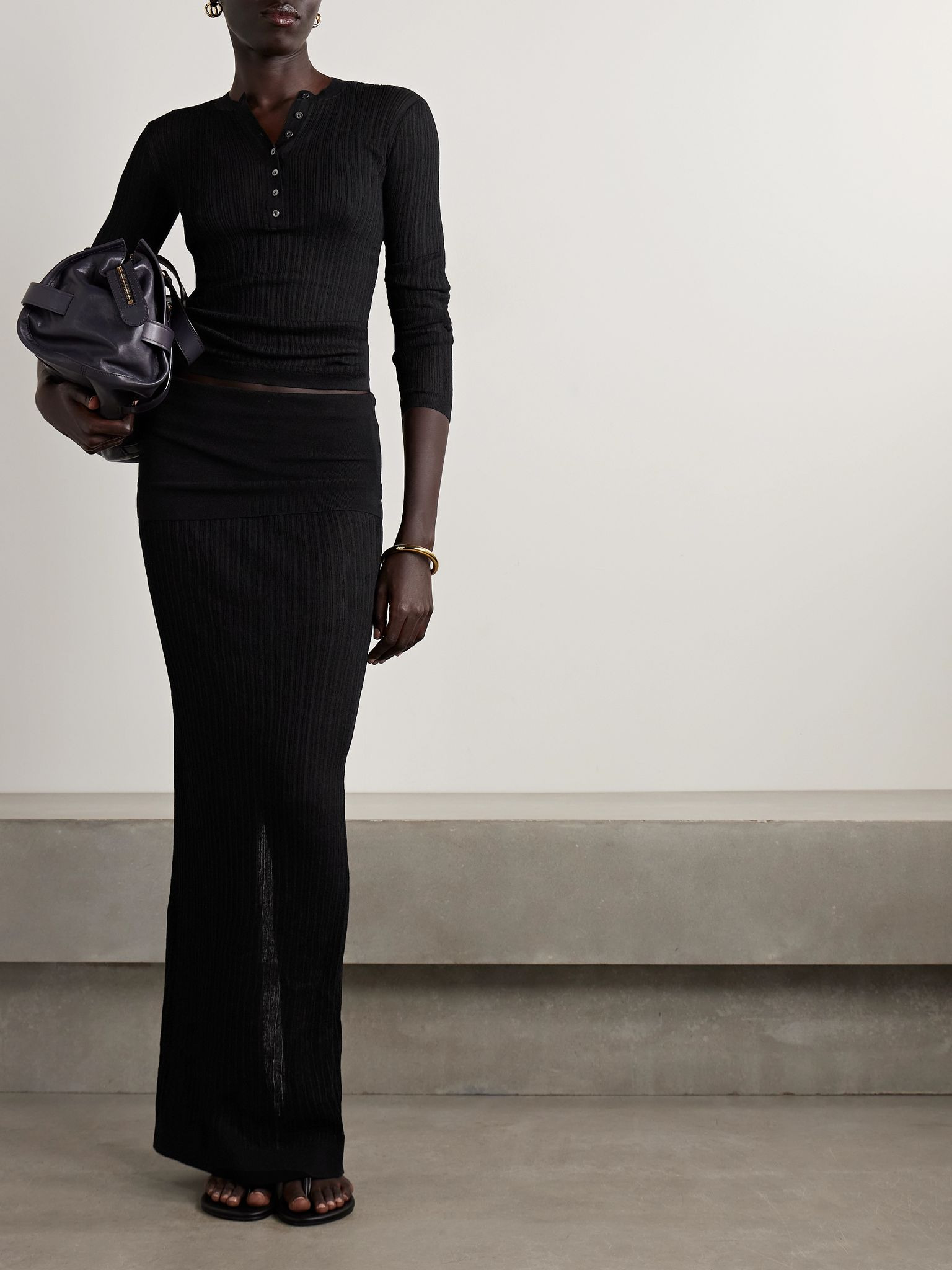 Sheer Knit Long Sleeve Henley - Onyx Black - 3