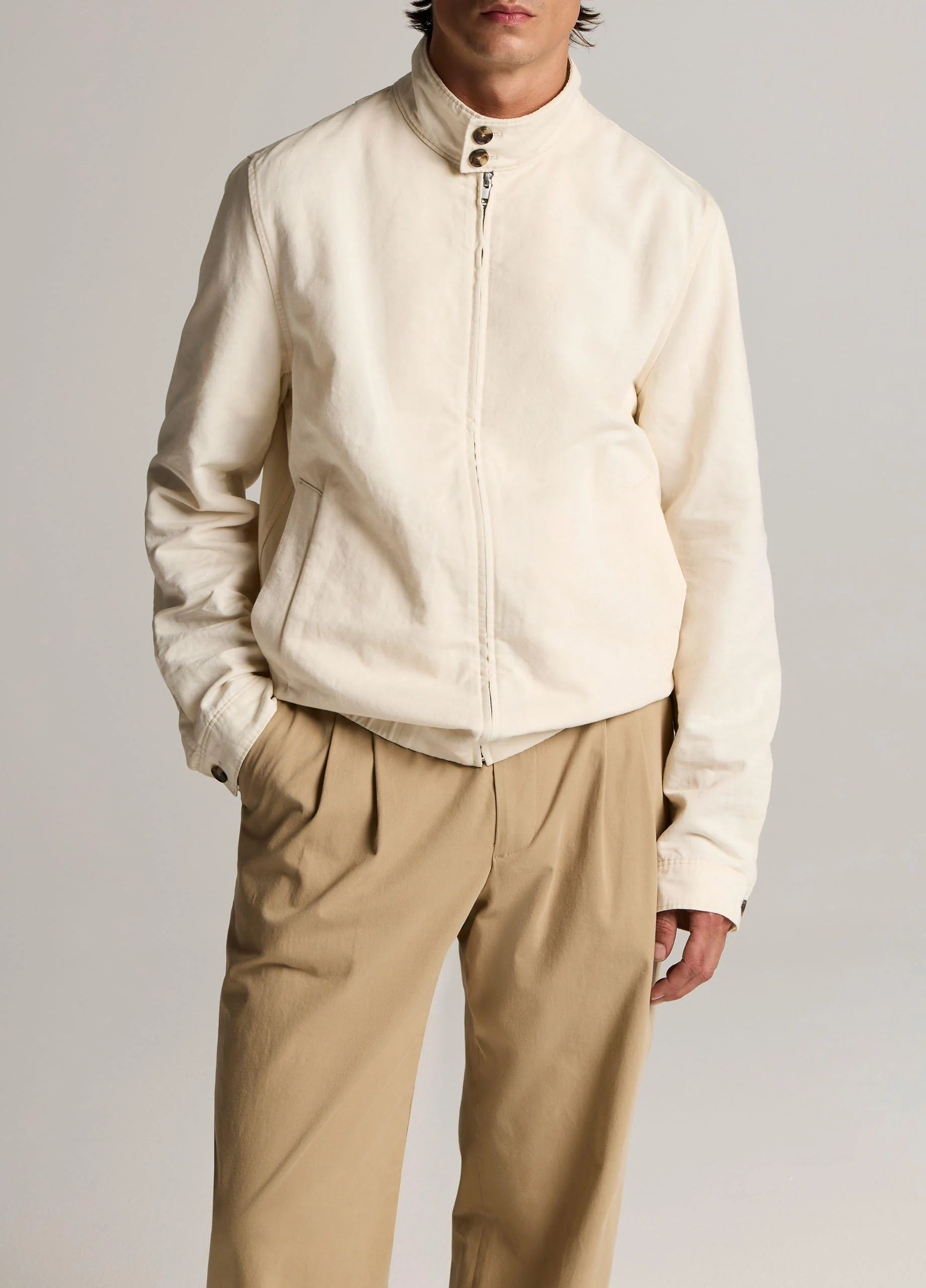 Italian Cotton-Linen Band-Collar Bomber Jacket - 1