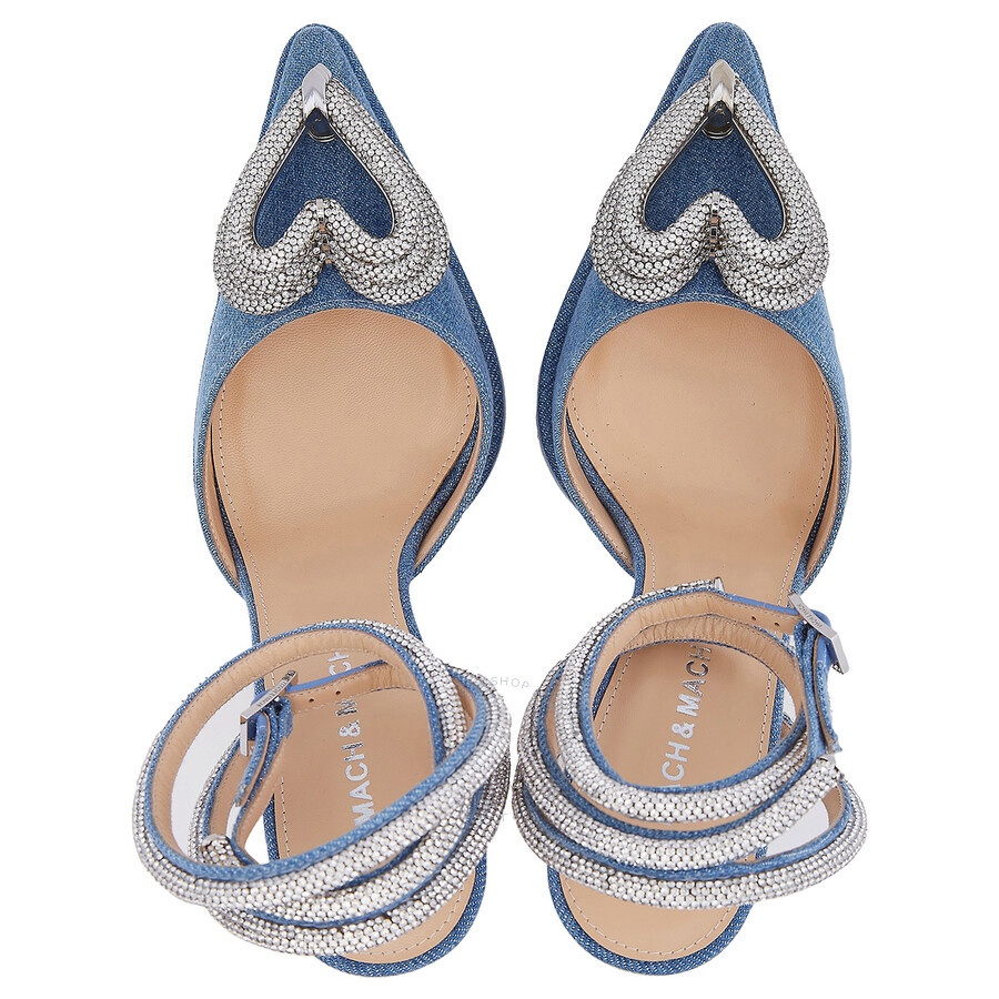 Open Box - Mach & Mach Denim Blue Crystal Triple Heart Platform Pumps, Brand Size 37 ( US Size 7 ) - 3
