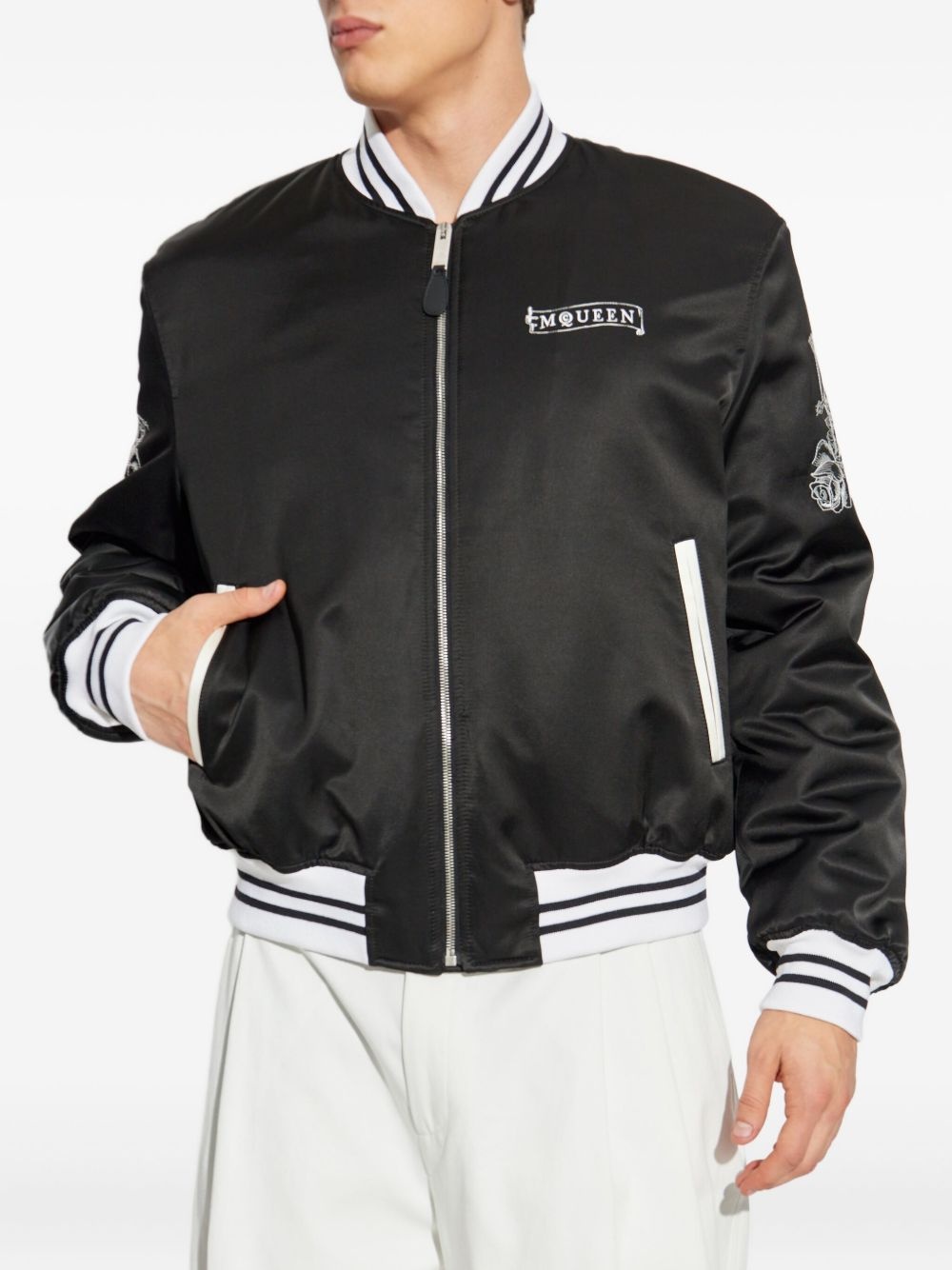 rose-embroidery satin bomber jacket - 3