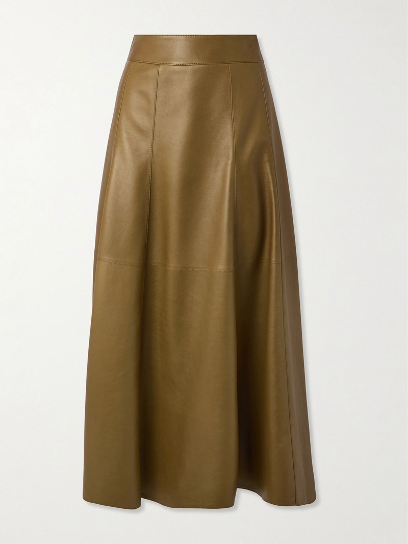 Paneled pleated leather midi skirt Green - 1