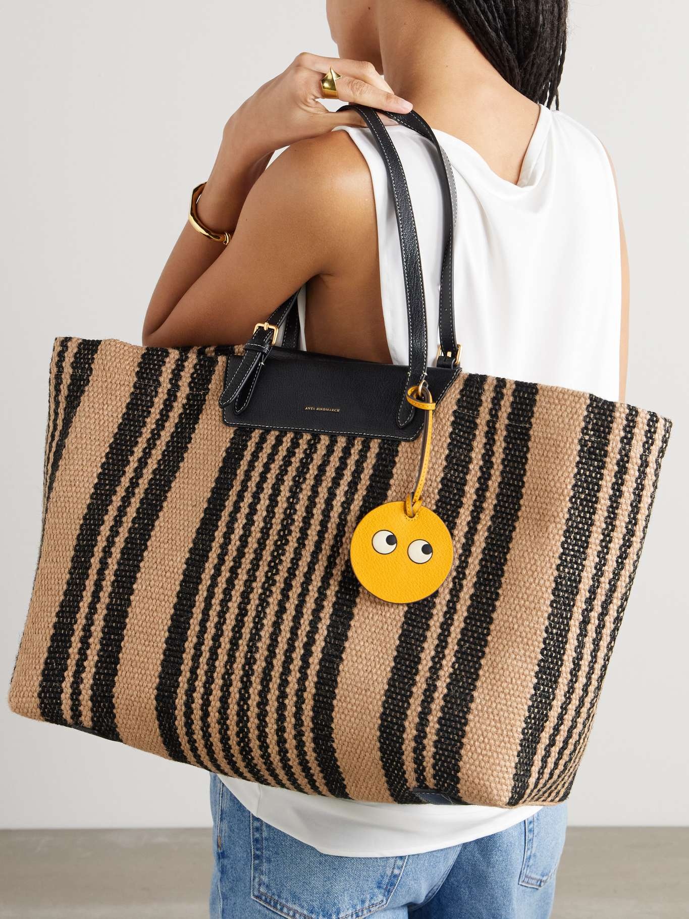 + Maison Bengal leather-trimmed striped jute tote Brown - 2