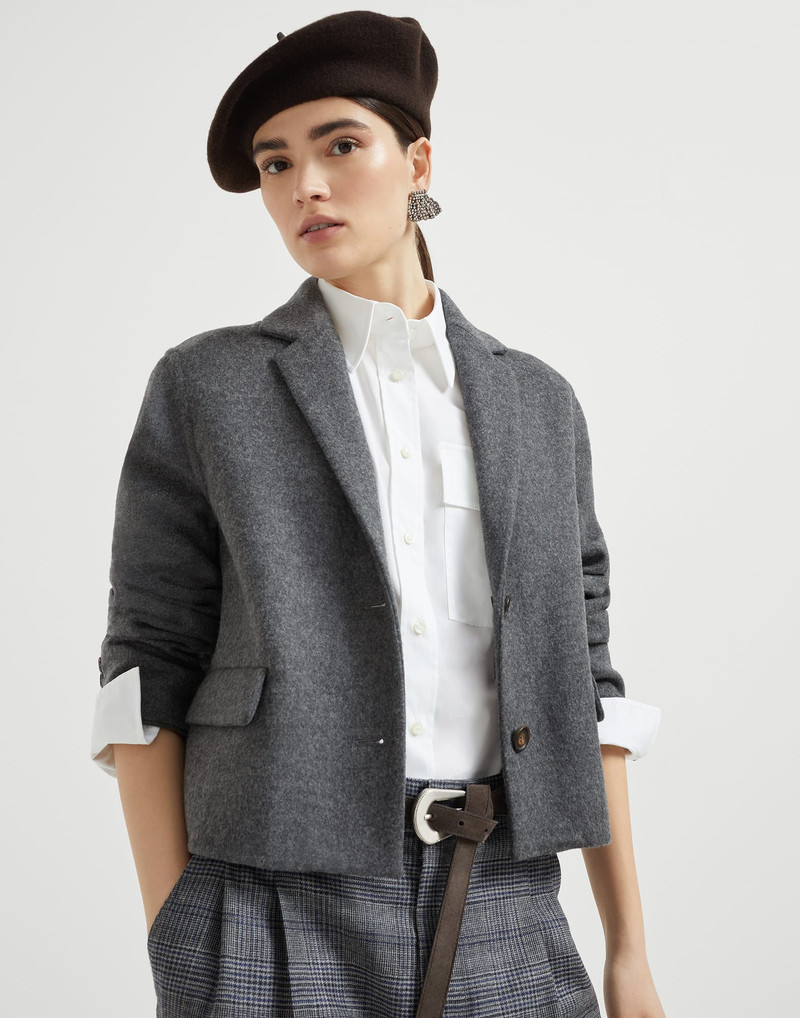 Hand-crafted virgin wool double cloth cropped blazer with shiny cuffs 4