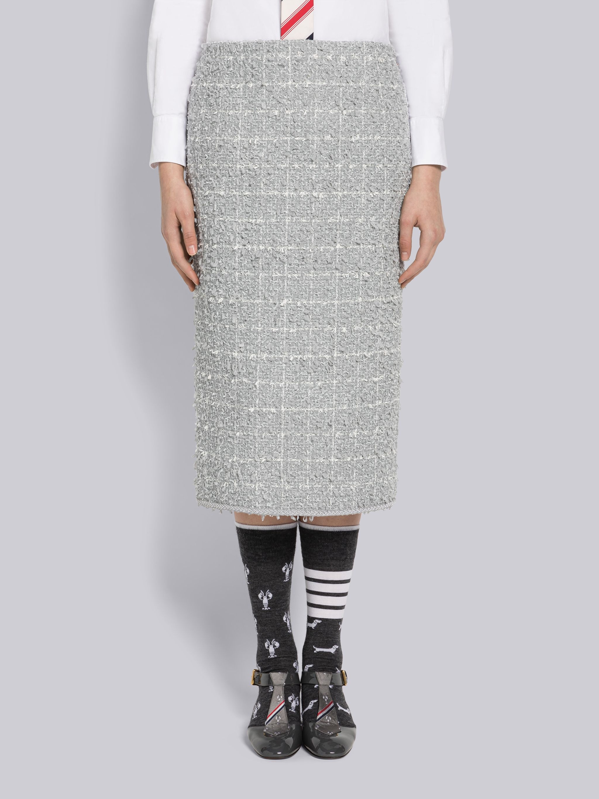 Windowpane Eyelash Tweed Low Rise Pencil Skirt - 1