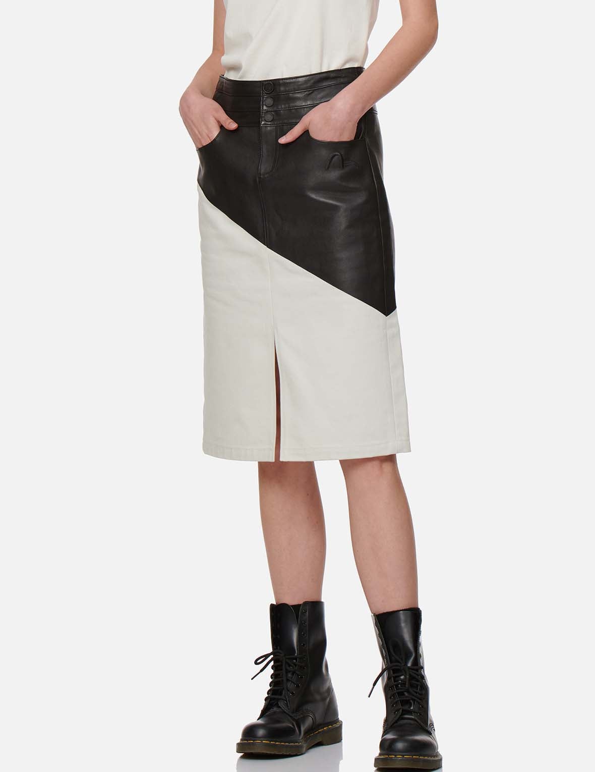 Contrast Leather Denim Skirt - 3