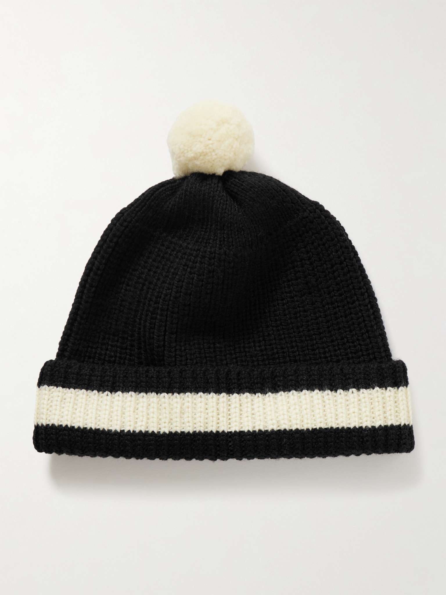Pompom-Detailed Ribbed Striped Merino Wool Beanie - 1
