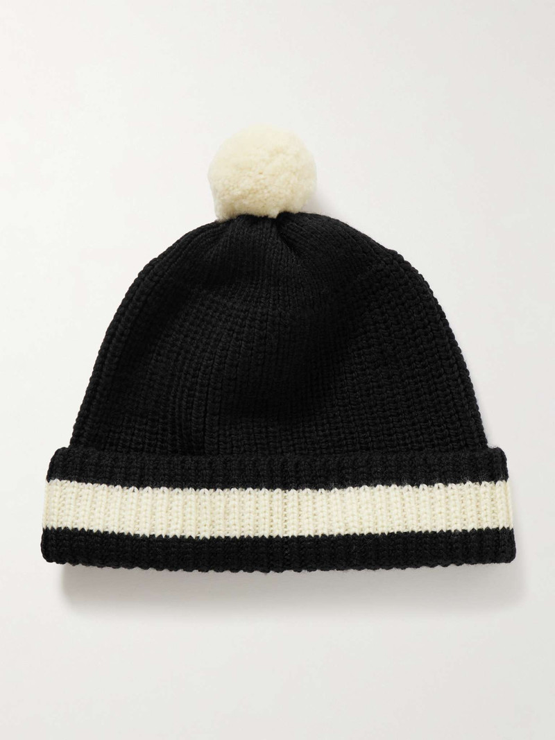 Pompom-Detailed Ribbed Striped Merino Wool Beanie 1